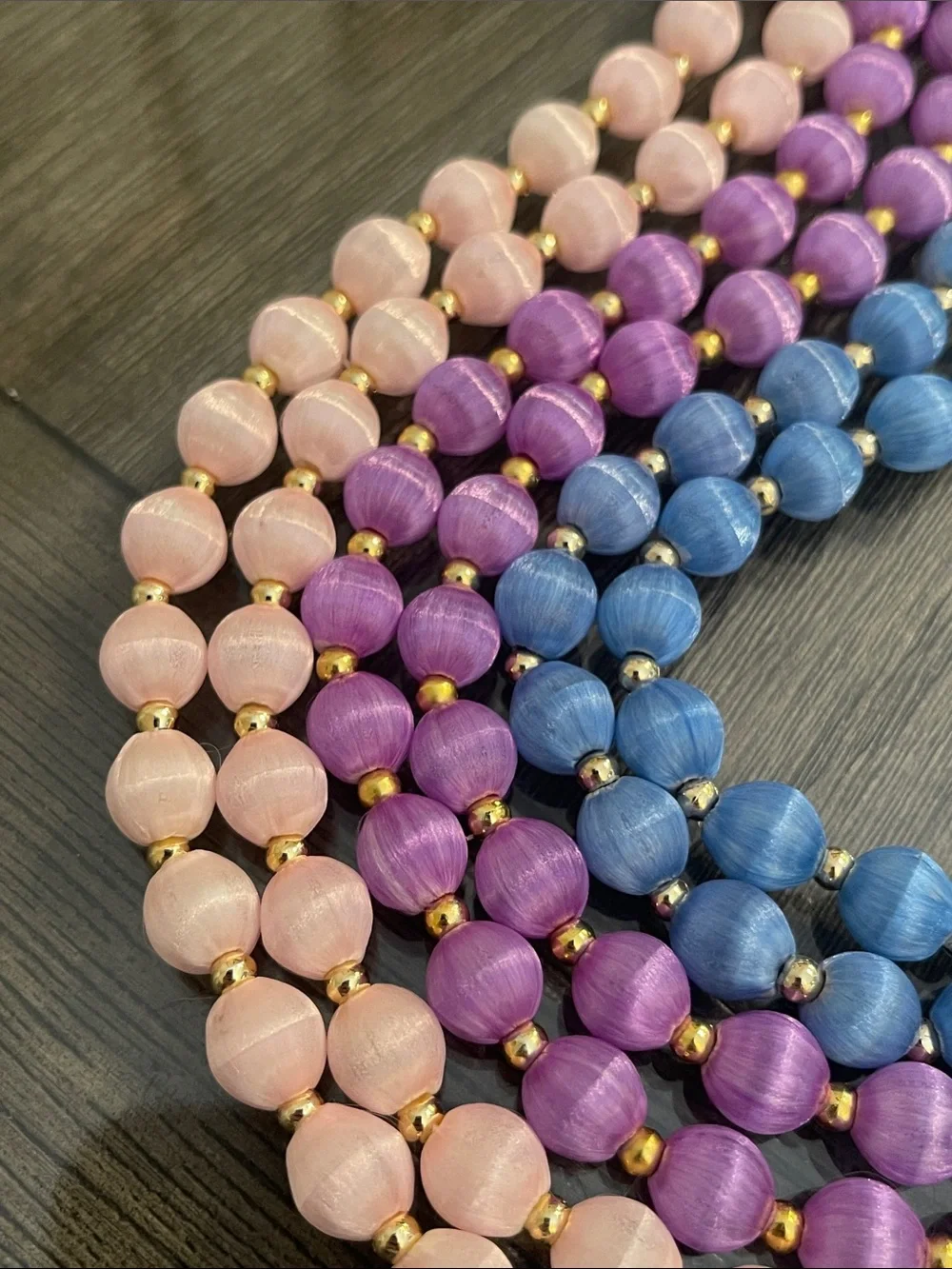 Vintage 3 Necklaces with Spun Silk Satin Beads Gold Tone Spacers 30 In. Approx